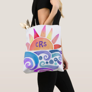 Watercolor Sunset Over Water with Monogram Tote Bag