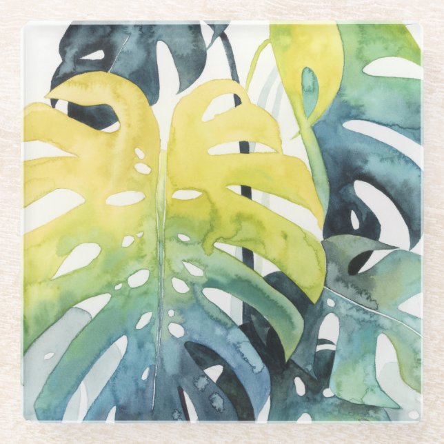 Watercolor Sunset Palm Tree Leaves Glass Coaster (Front)