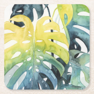Watercolor Sunset Palm Tree Leaves Square Paper Coaster