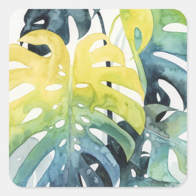 Watercolor Sunset Palm Tree Leaves Square Sticker (Front)