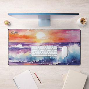 Watercolor Sunset Surf Monogram  Desk Mat