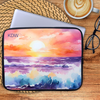 Watercolor Sunset Surf Monogram Laptop Sleeve