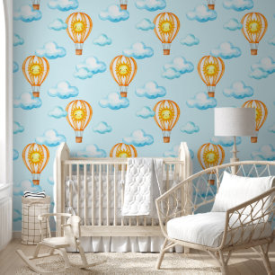 Watercolor Sunshine Hot Air Balloon Clouds on Blue Wallpaper