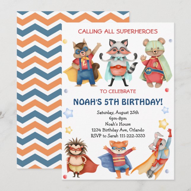 Watercolor Superheroes Birthday Party Invitation (Front/Back)
