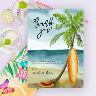 Watercolor surfboard on beach - thank you
