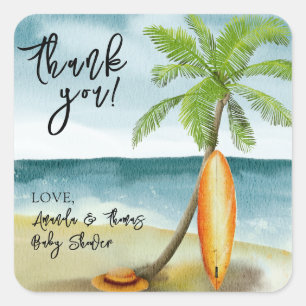 Watercolor surfboard on beach - thank you square sticker