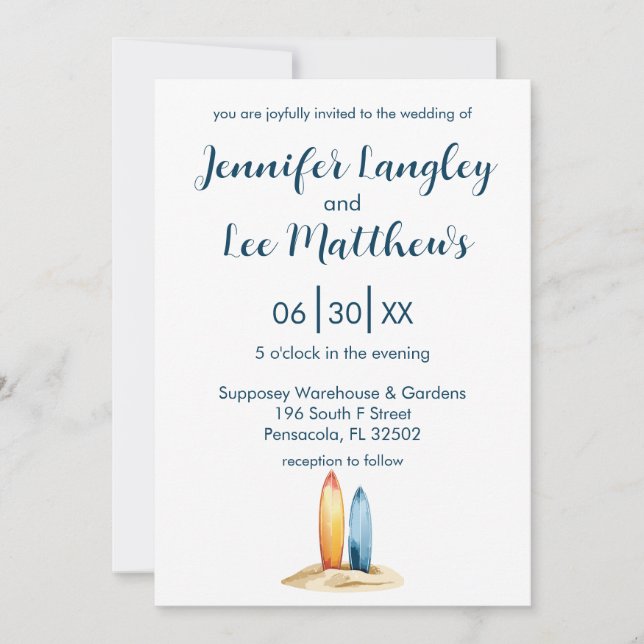 Watercolor Surfboard Wedding Invitation (Front)
