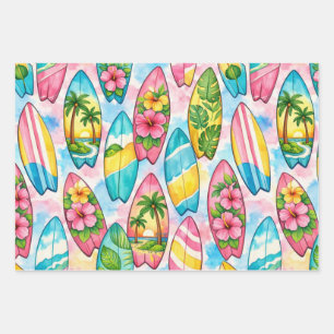 Watercolor Surfboards with Hibiscus and Palms  Wrapping Paper Sheet