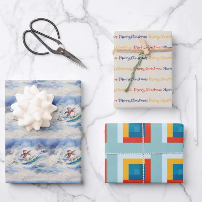 Watercolor Surfing Snowman Wrapping Paper Sheet (Front)