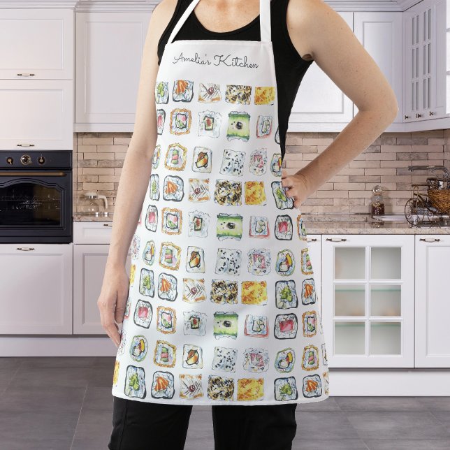 Watercolor Sushi Rolls Pattern White Apron (Creator Uploaded)