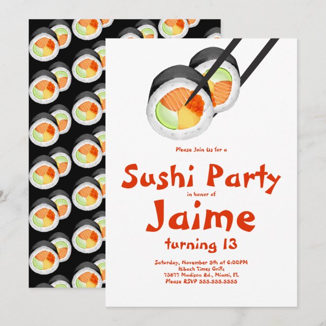 Watercolor Sushi Rolls Teen Birthday Hibachi Invitation (Front/Back)