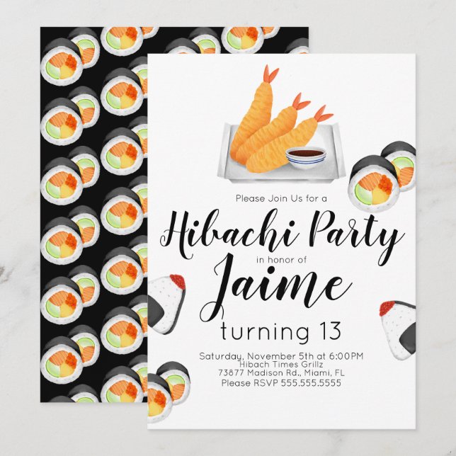 Watercolor Sushi Teen Birthday Hibachi Tempura  Invitation (Front/Back)