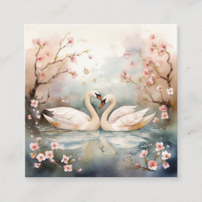 Watercolor Swan Couple Square Business Card (Front)