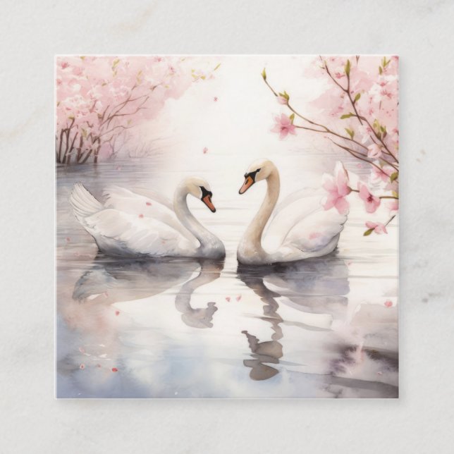 Watercolor Swan Couple Square Business Card (Front)
