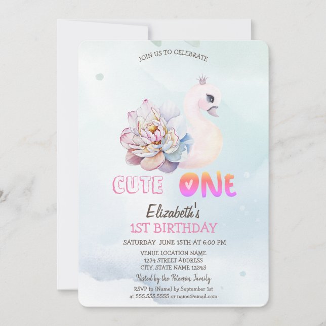  Watercolor Swan Flower 1st  Invitation (Front)