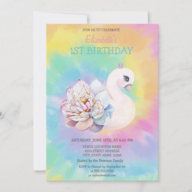 Watercolor Swan Flowers Tie Dye Birthday   Invitation (Front)