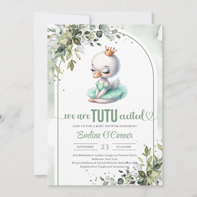 Watercolor swan greenery and gold tutu ballerina invitation (Front)