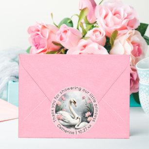 Watercolor Swan Lake Pink Lotus Floral Baby Shower Classic Round Sticker