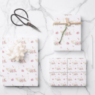 Watercolor Swan & Pink Rose Pretty Baby Gift  Wrapping Paper Sheet