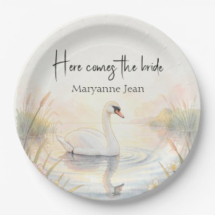 Watercolor Swan Romantic Bridal Shower Paper Plate