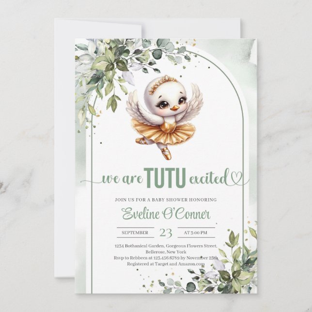 Watercolor swan with gold tutu dress eucalyptus  invitation (Front)