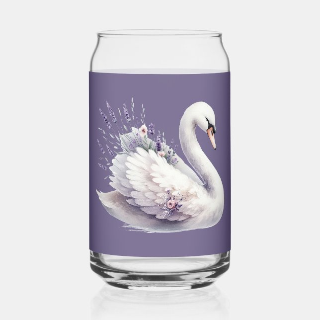 Watercolor Swan with Lavender Florals Can Glass (Front)
