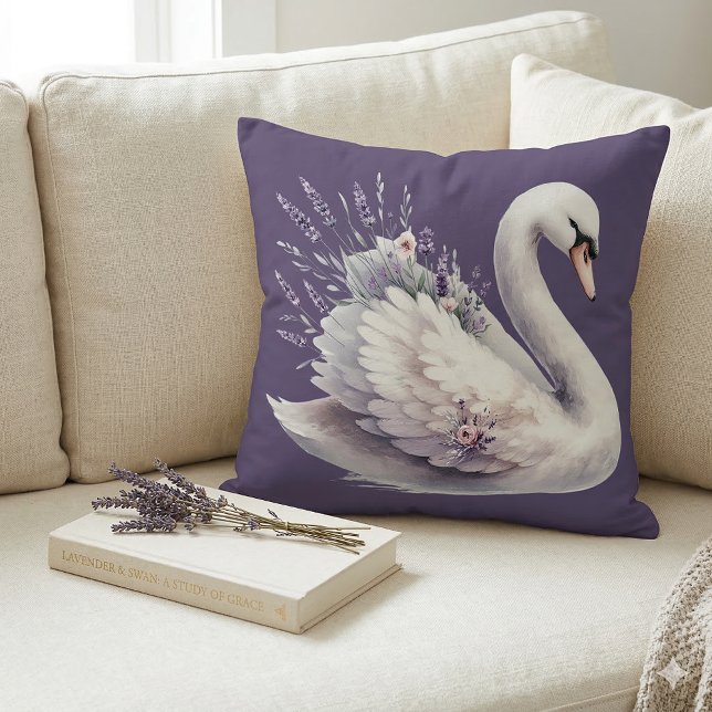 Watercolor Swan with Lavender Florals Cushion (Watercolor Swan with Lavender Florals Throw Pillow Mockup A)