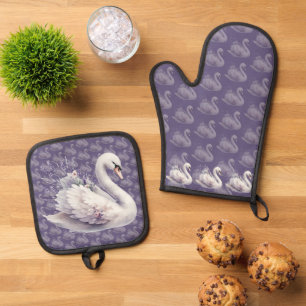 Watercolor Swan with Lavender Florals Oven Mitt & Pot Holder Set