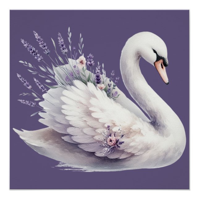 Watercolor Swan with Lavender Florals Poster (Front)