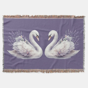 Watercolor Swan with Lavender Florals Throw Blanket