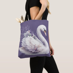 Watercolor Swan with Lavender Florals Tote Bag
