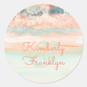Watercolor Swash Pink Sea Blue Wedding Classic Round Sticker