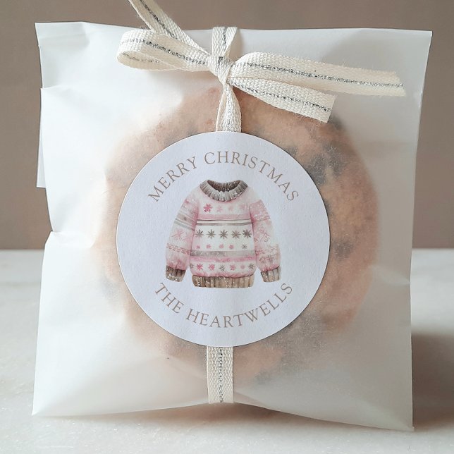 Watercolor Sweater Personalised Merry Christmas Classic Round Sticker (Creator Uploaded)