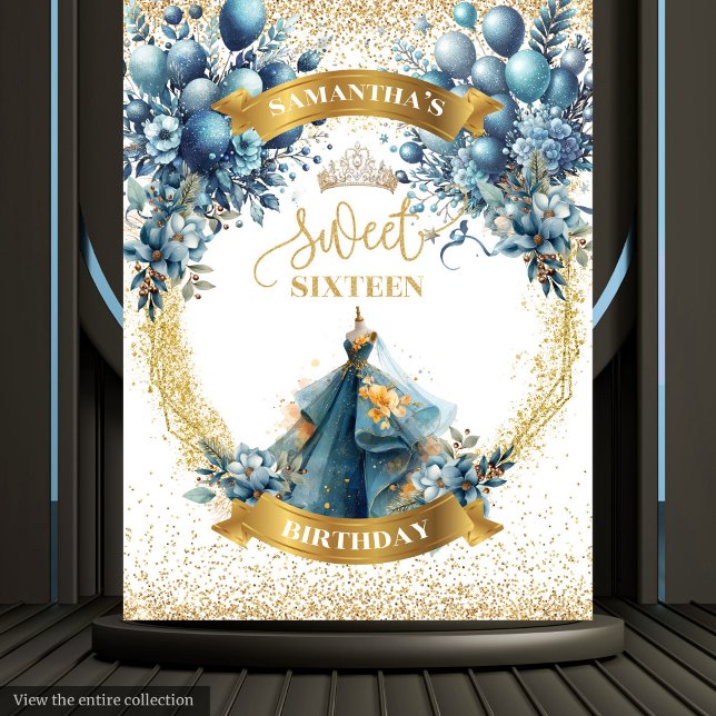 Watercolor Sweet 16 Blue Gold Glitter Backdrop Tapestry (Watercolor Sweet Sixteen Blue Gold Glitter Backdrop)