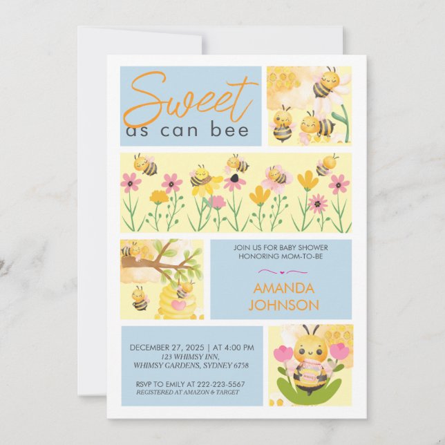 Watercolor Sweet as can bee Cute baby shower Invitation (Front)