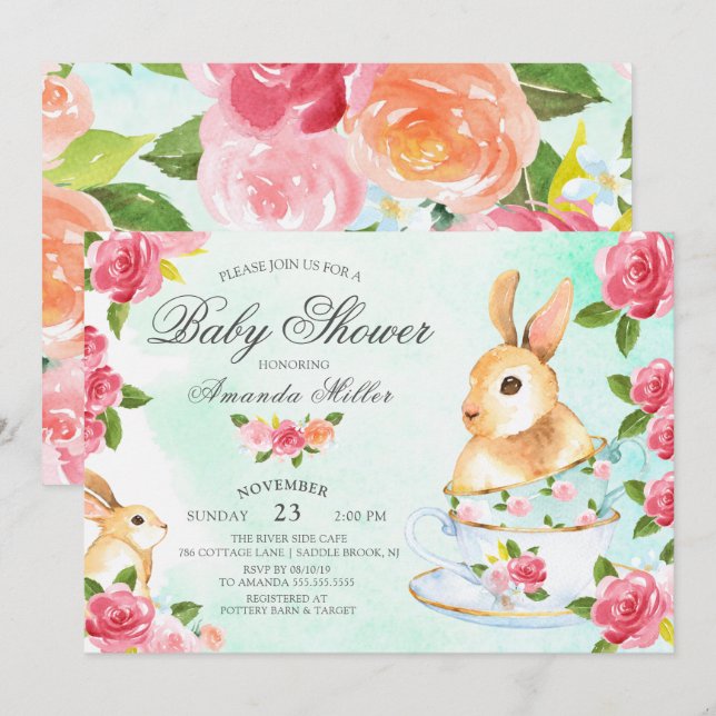 Watercolor Sweet Bunny Baby Shower Tea Party Invitation (Front/Back)