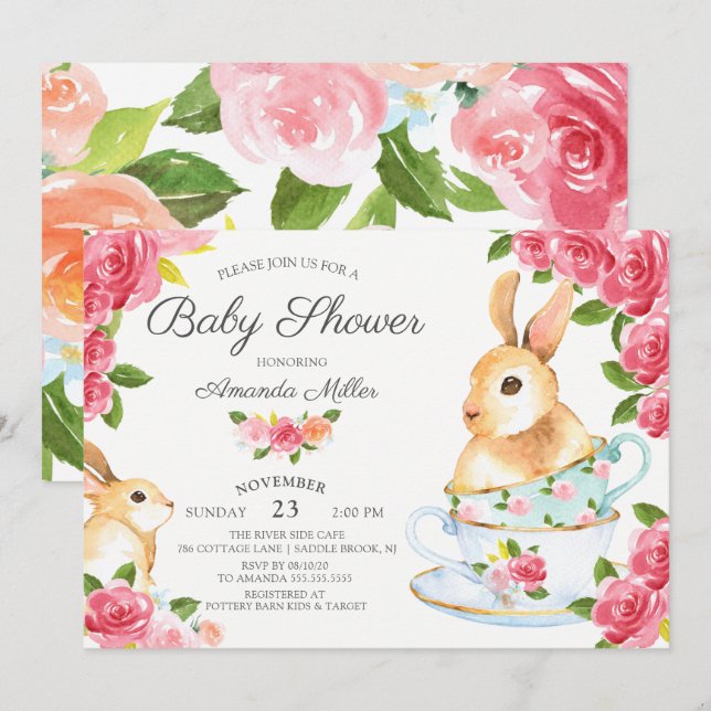Watercolor Sweet Bunny Baby Shower Tea Party Invitation (Front/Back)