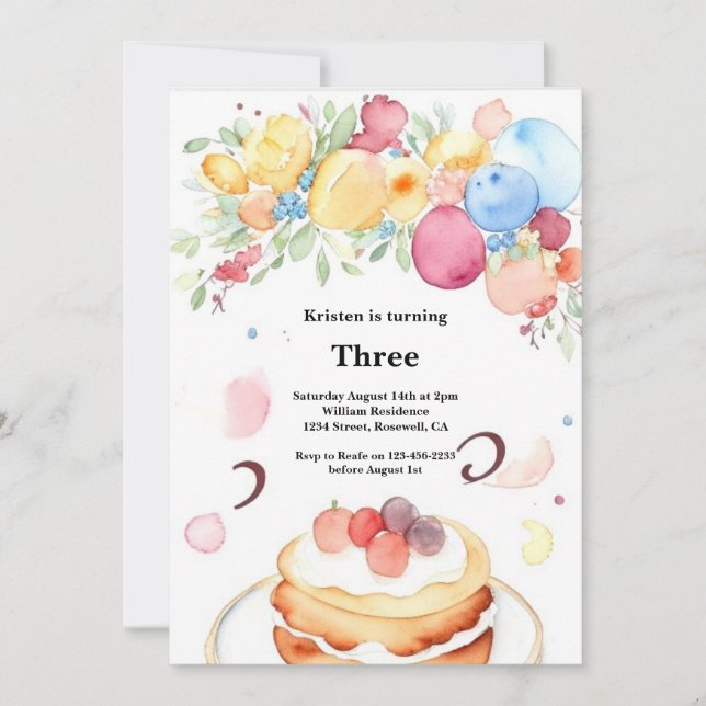 Watercolor Sweet Cake Birthday Invitation (Front)