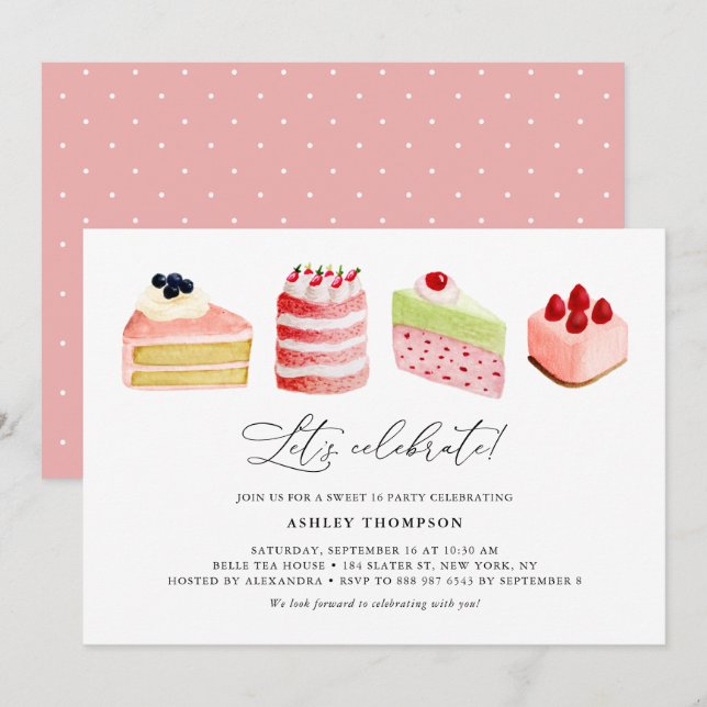 Watercolor Sweet Cakes Sweet Sixteen Party Brunch Invitation (Front/Back)