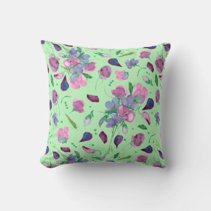 Watercolor Sweet Peas on Green Cushion