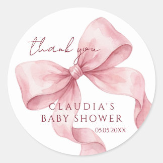 Watercolor Sweet Pink Bow Baby Shower Thank You Classic Round Sticker