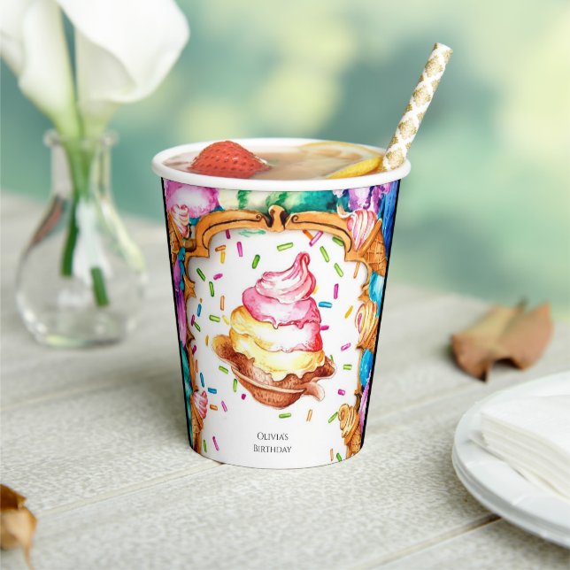 Watercolor Sweet Scoop Ice Cream Birthday Paper Cups (Insitu)