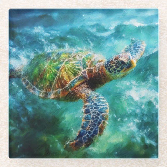 Watercolor Swimming Sea Turtle Glass Coaster (Front)