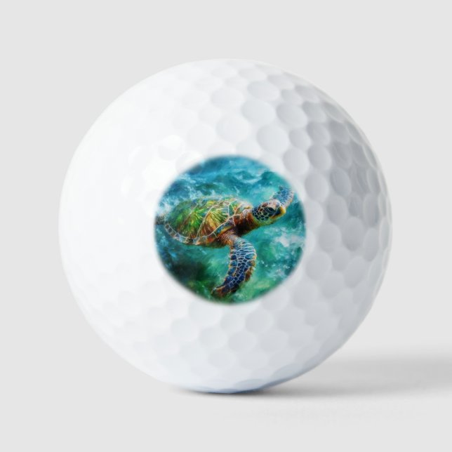 Watercolor Swimming Sea Turtle Golf Balls (Front)