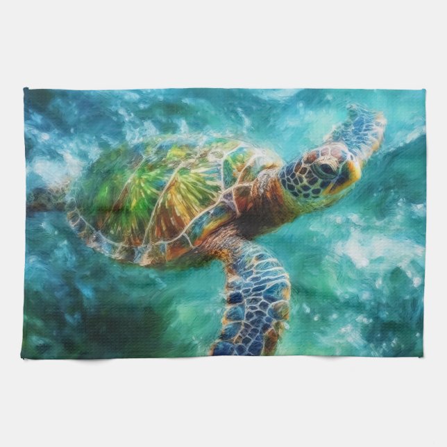 Watercolor Swimming Sea Turtle Tea Towel (Horizontal)