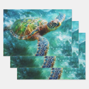Watercolor Swimming Sea Turtle Wrapping Paper Sheet
