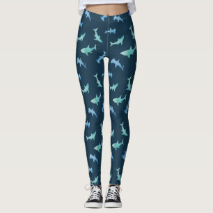 Watercolor Swimming Shark Silhouettes Pattern Leggings