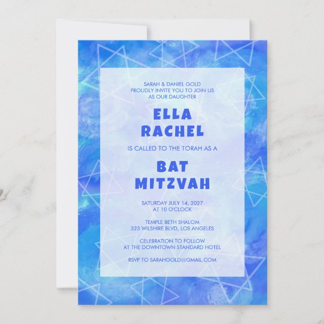 Watercolor Swirl Stars Blue Custom Bar Bat Mitzvah Invitation (Front)