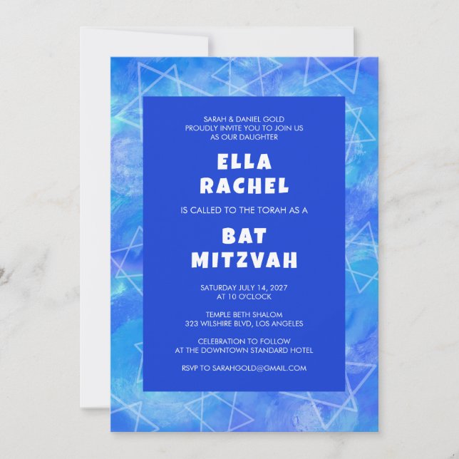 Watercolor Swirl Stars Blue Custom Bar Bat Mitzvah Invitation (Front)