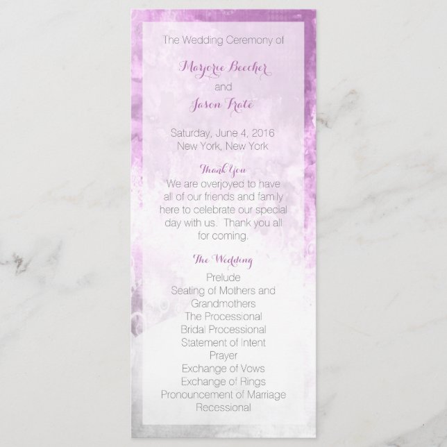 Watercolor Swirl Wedding Program Purple Programme (Front)